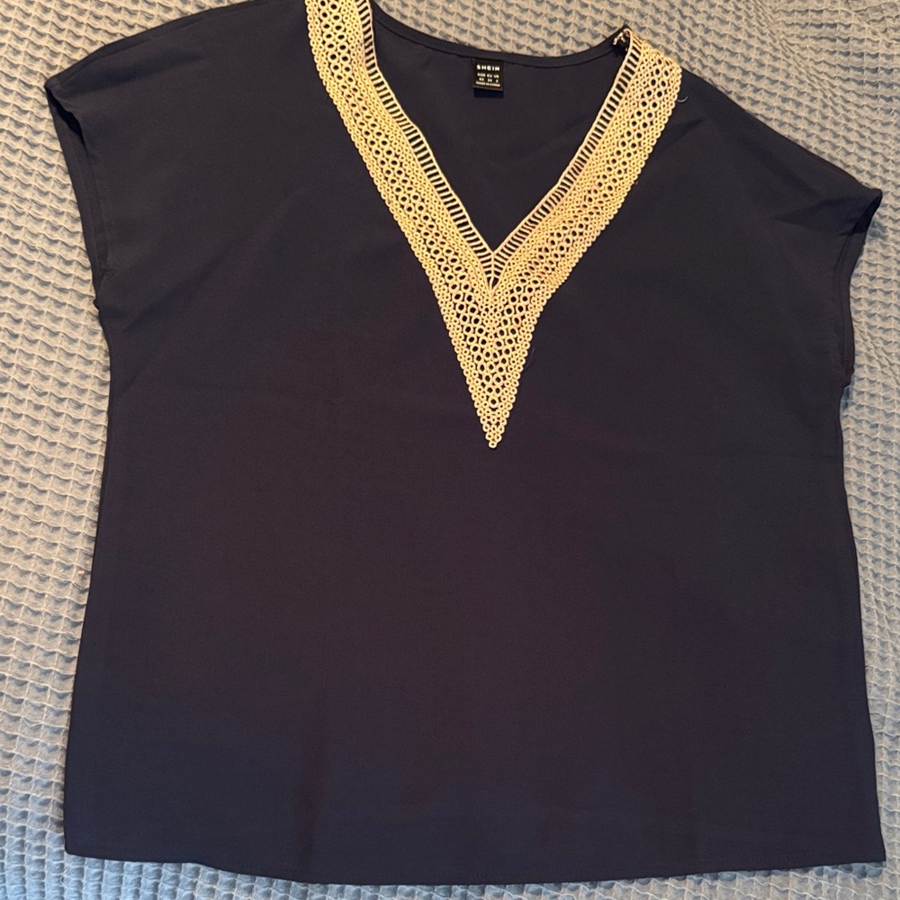 SHEIN Navy Top with Cream Crochet V-Neck